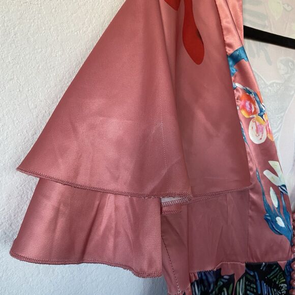 Pink Satin Button Up Maxi Ruffle Sleeve Tiered Dress M Tropical Animal Print Art - Picture 16 of 16